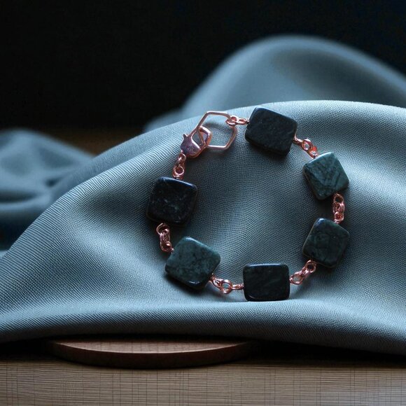 Green Jasper Bracelet, Geometric Hexagon Chain, Rose Gold - Picture 1 of 5